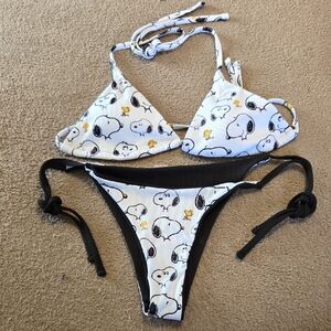 ROMWE Snoopy Black and White String Bikini Sz Sm Triangle Padded Top Cheeky